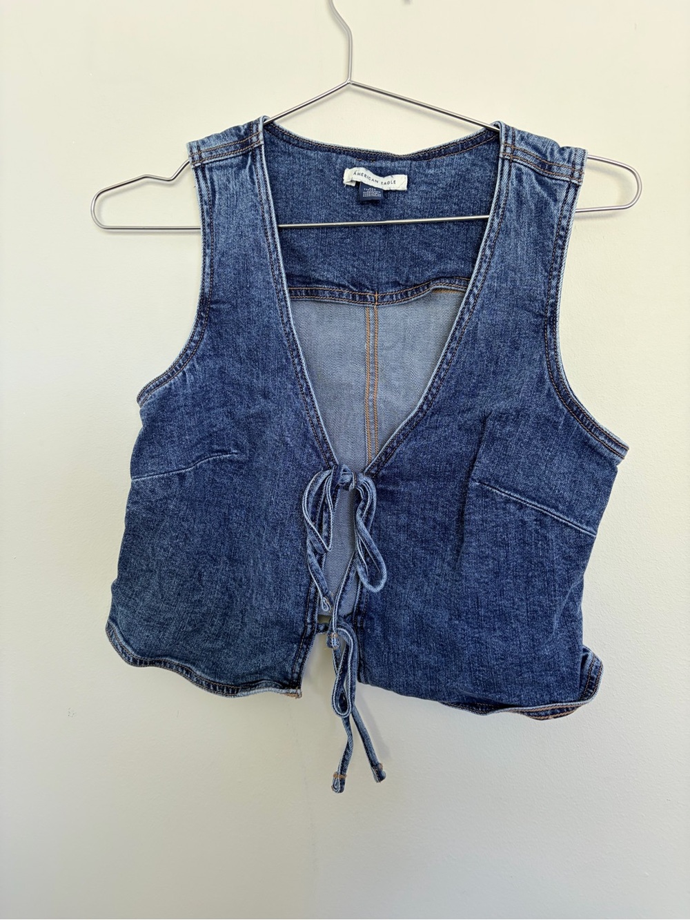 American Eagle Outfitters Denim Tie-Front Vest in Blue with Orange Stitching